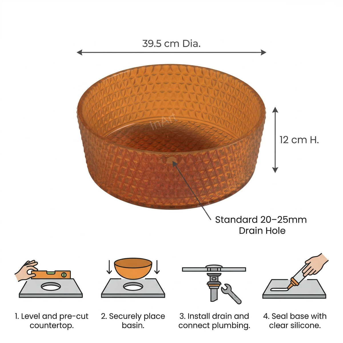 InArt Amber Orange Glass Vessel Sink for Countertop Bathroom Vanities, 15.6 Inch, additional product view 6