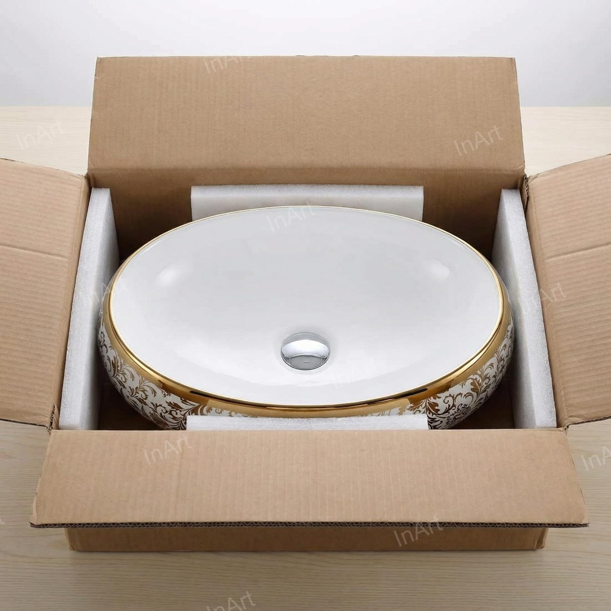 Modern style sink for small vanity, InArt white oval ceramic bathroom sink with gold trim above counter