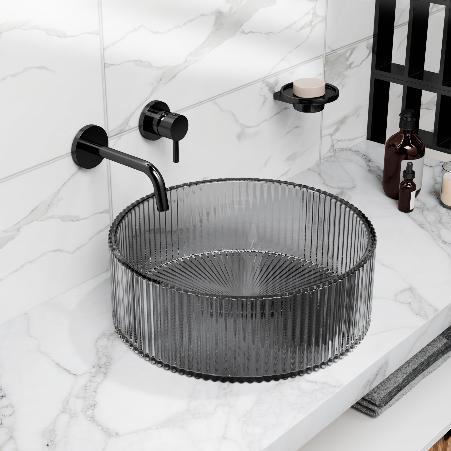 Vessel bowl vanity InArt glossy black square tempered glass vessel sink 395x395mm