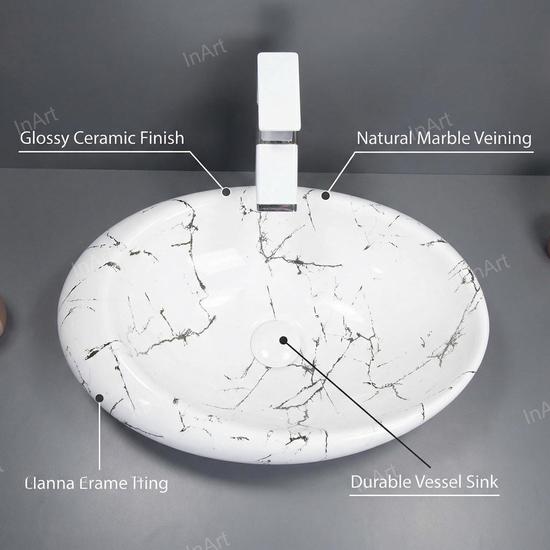 Vessel sinks InArt Satvario rectangular ceramic vessel sink 20x12 white gray marble glossy countertop basin