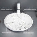 Vanity vessel sink angled view, rectangular ceramic above counter bathroom sink in white and gray marble gloss