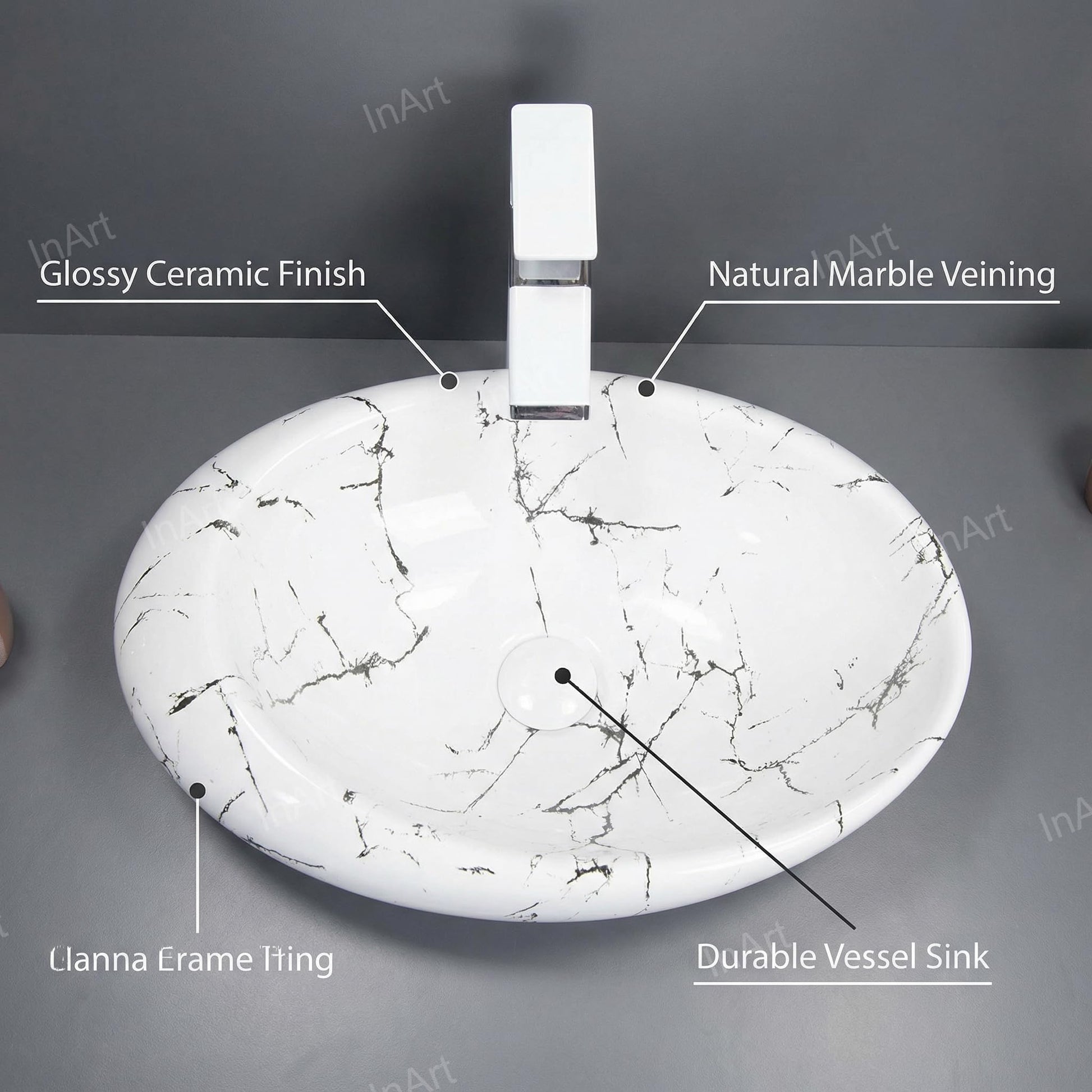 Vanity vessel sink angled view, rectangular ceramic above counter bathroom sink in white and gray marble gloss