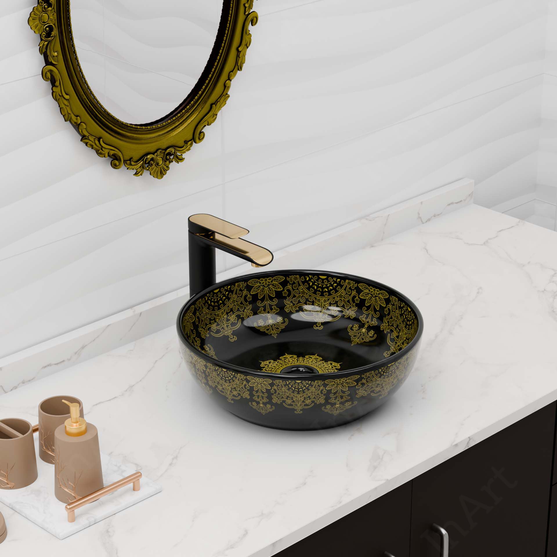 InArt Glossy Black Ceramic Round Vessel Sink – Above Counter, 16" Gold Pattern, additional product view 3