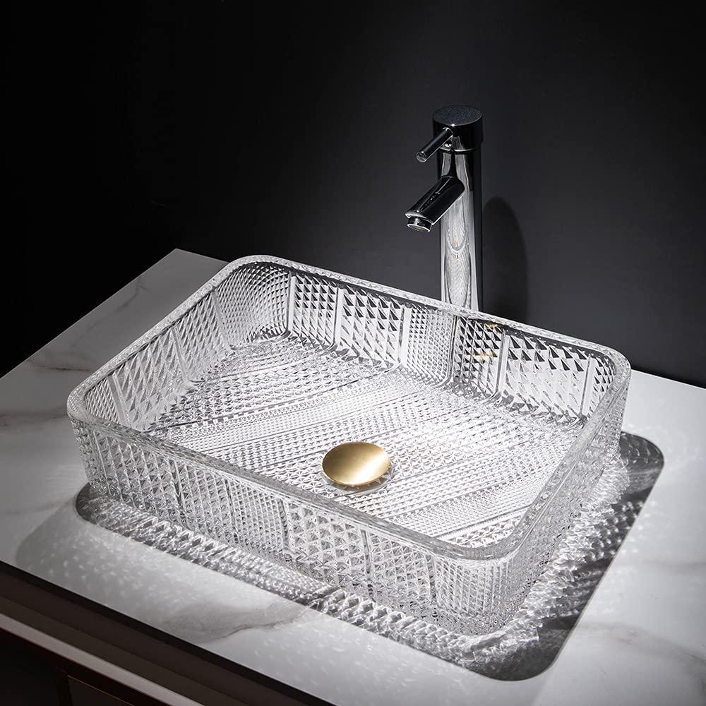 Glass vessel sinks InArt clear tempered glass rectangular vessel sink bowl, glossy tabletop bathroom basin 445x330mm