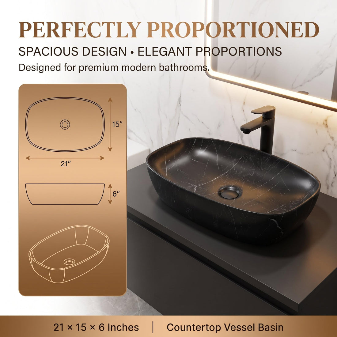Black Rectangular Ceramic vessel bathroom sink