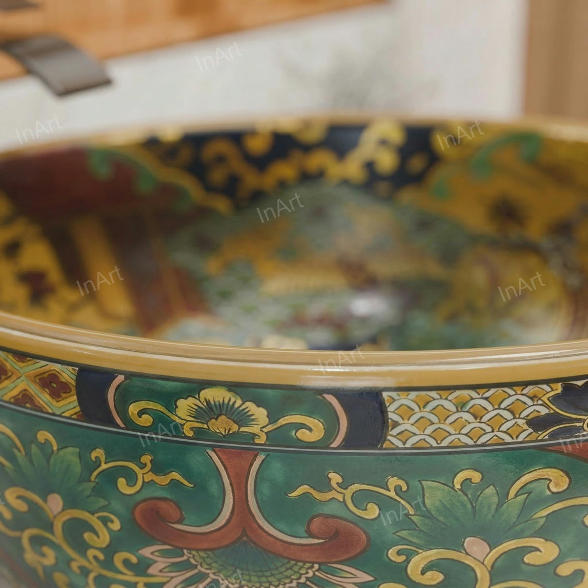 InArt Glossy Multicolor Ceramic Round Vessel Sink – Moroccan Pattern, 16.5", additional product view 5