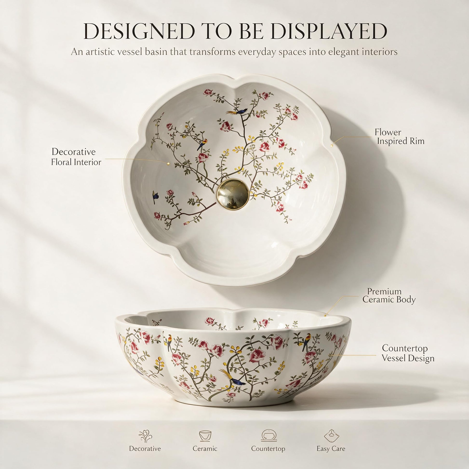 White and Multicolor Flower-Shaped Round Ceramic vessel bathroom sink, additional product view 5