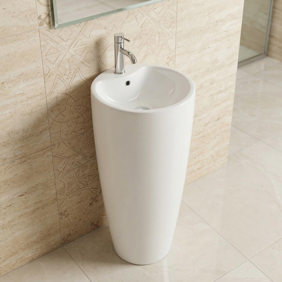 InArt White Ceramic One-Piece Pedestal Bathroom Sink for Modern Bathrooms, 15 x 15 Inch
