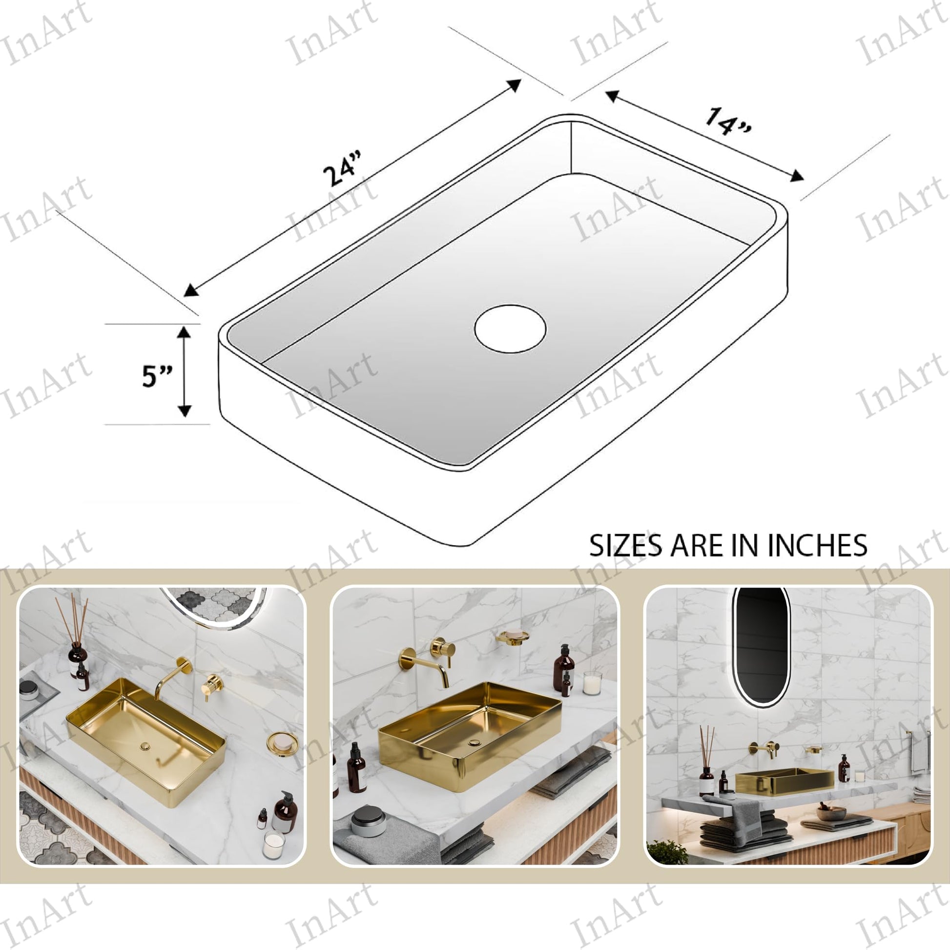 Gold Rectangular Ceramic vessel bathroom sink, additional product view 3