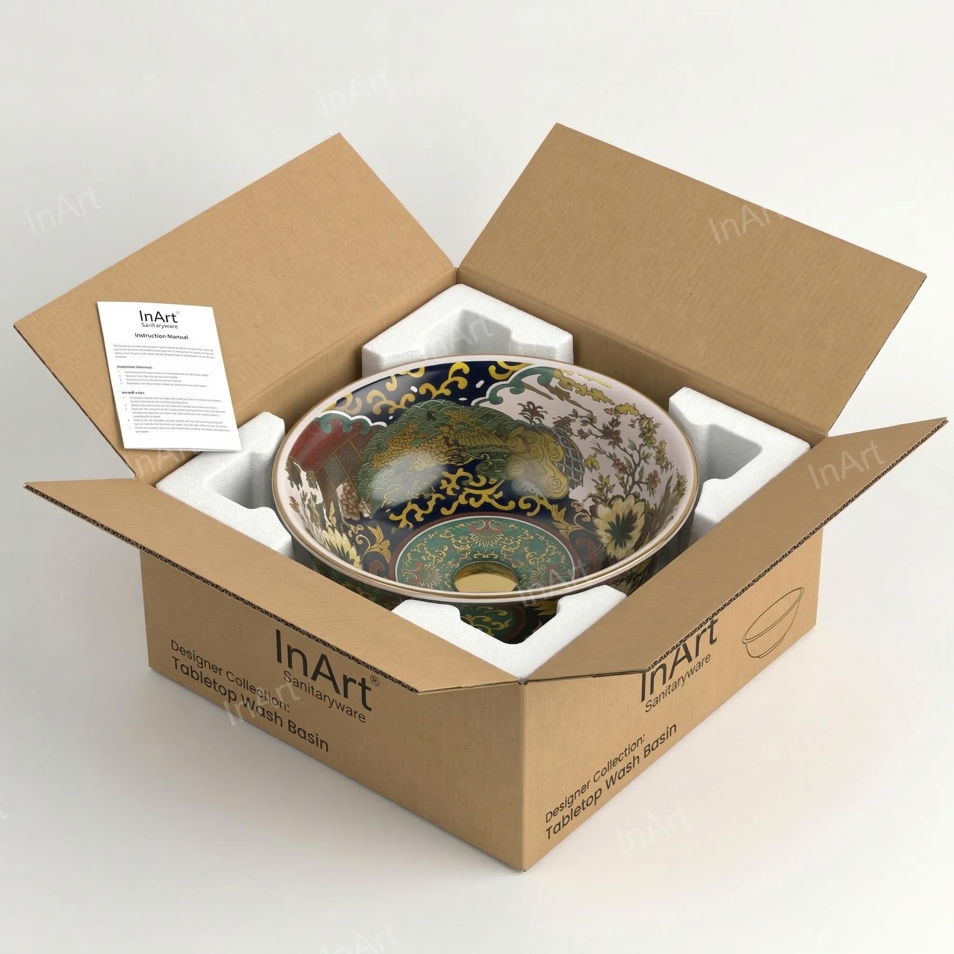 InArt Glossy Multicolor Ceramic Round Vessel Sink – Gold Rim Accent, 16.5", additional product view 8