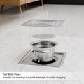 Exploded view of stainless steel shower drain cover components and 4 inch outlet connection
