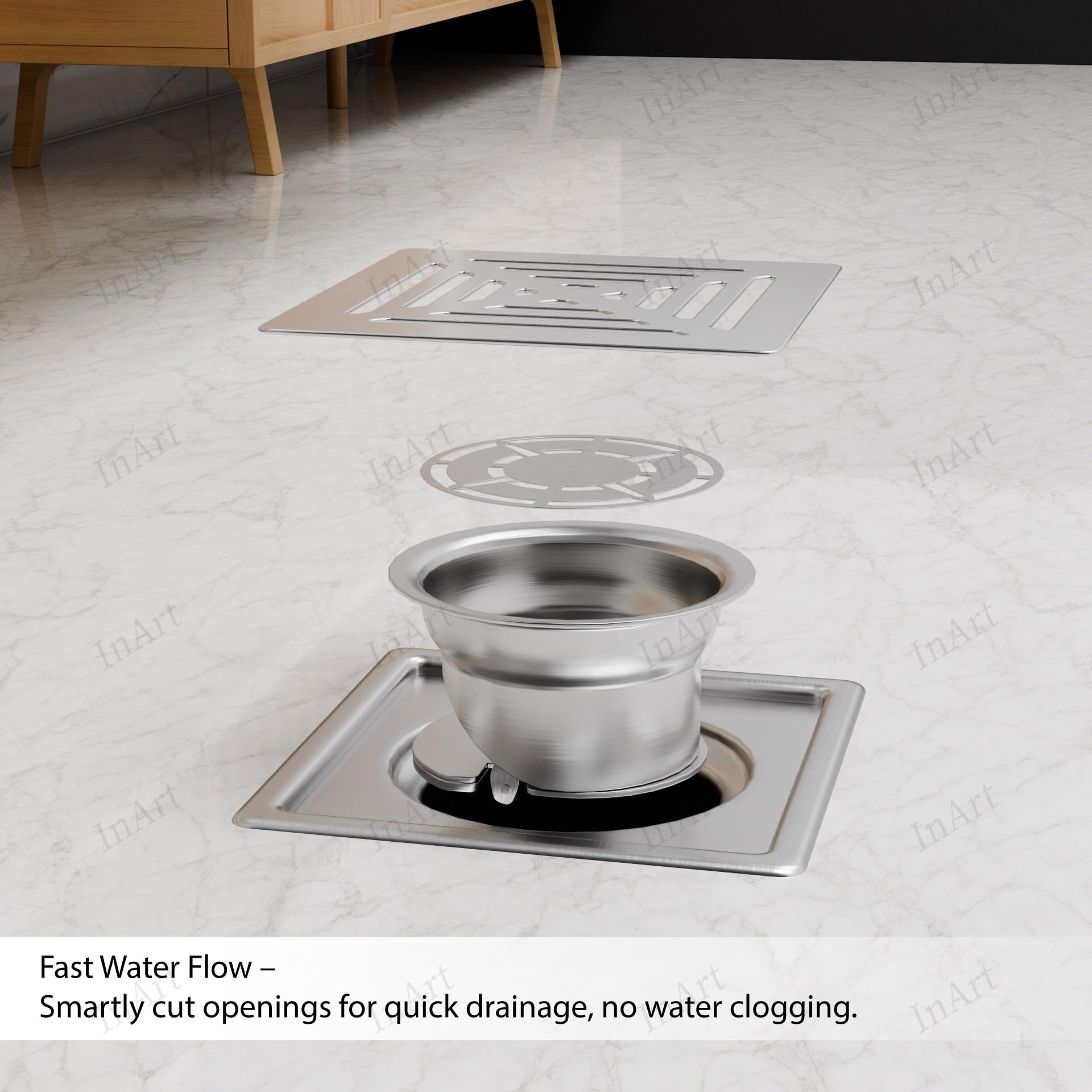 Exploded view of stainless steel shower drain cover components and 4 inch outlet connection