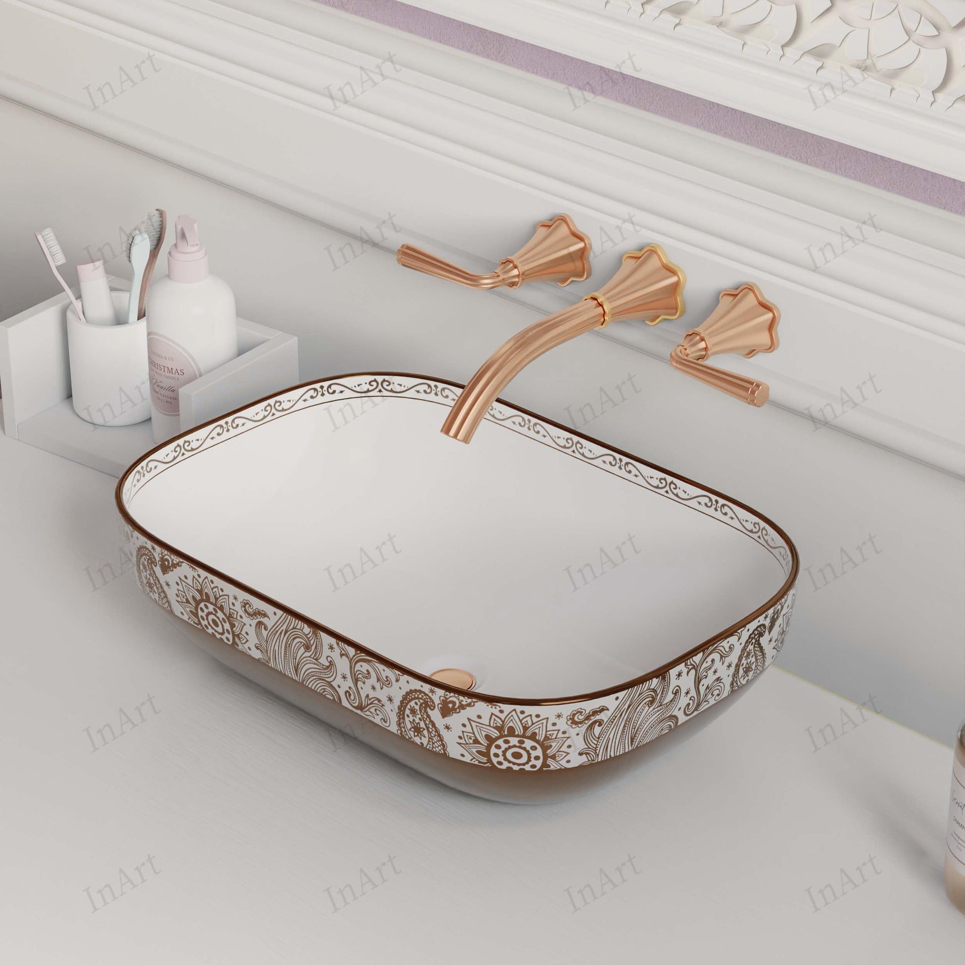 Bathroom sink on top of vanity lifestyle, InArt rose gold rectangular ceramic vessel sink with modern faucet