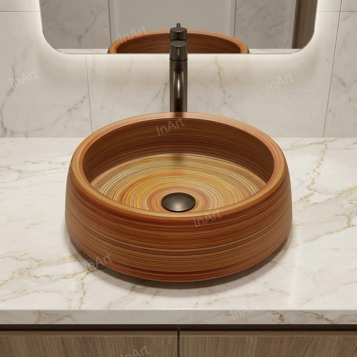 InArt Wood-Grain Glossy Ceramic Round Vessel Sink – Above Counter, 16.5" Bathroom Bowl, additional product view 4