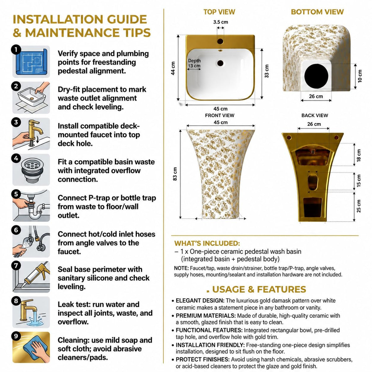 InArt Basin Pedestal Sink - Standing Bathroom Sink Gold White 45x43 CM, additional product view 6