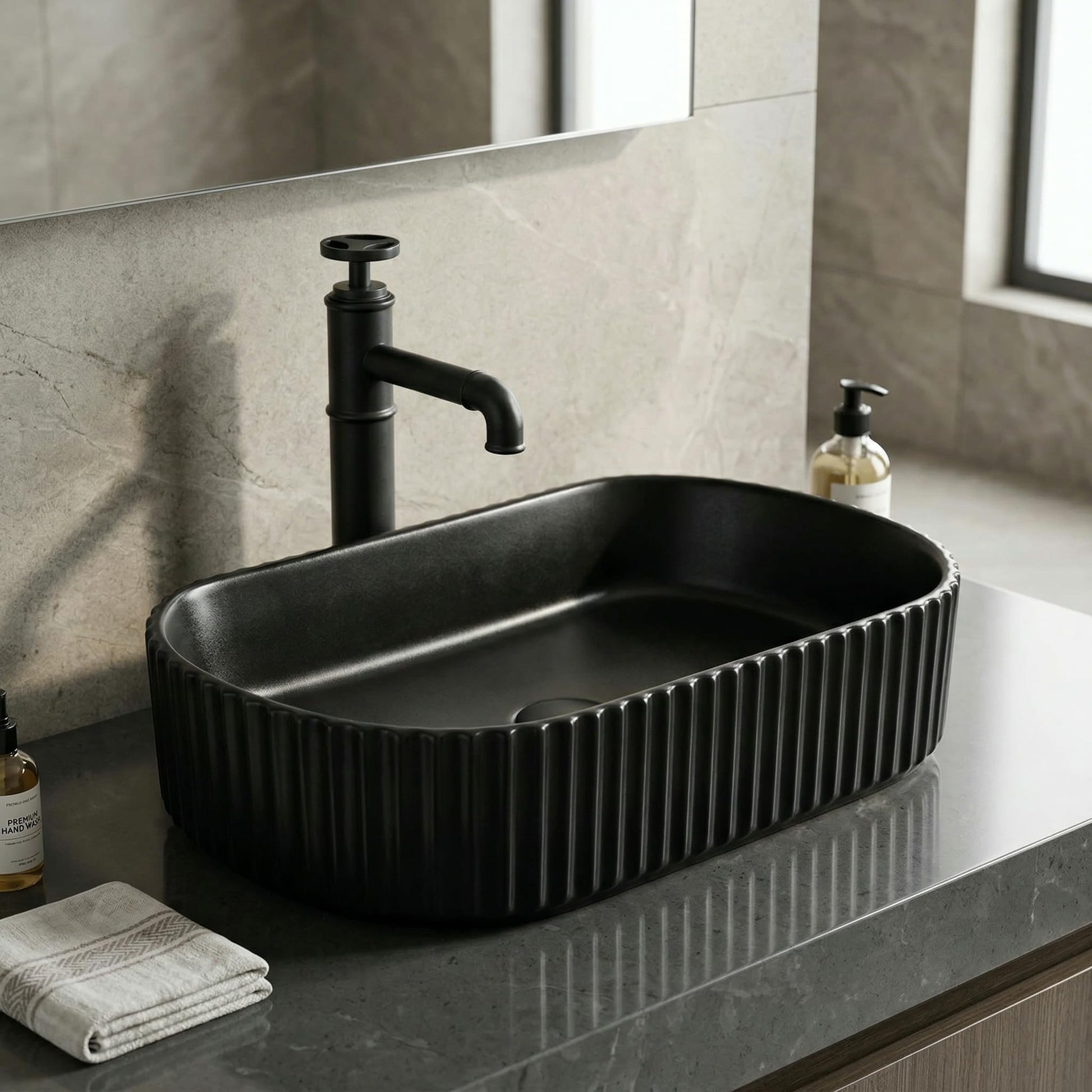 InArt Oval Bathroom Ceramic Vessel Sink Art Basin in Black Matte Color