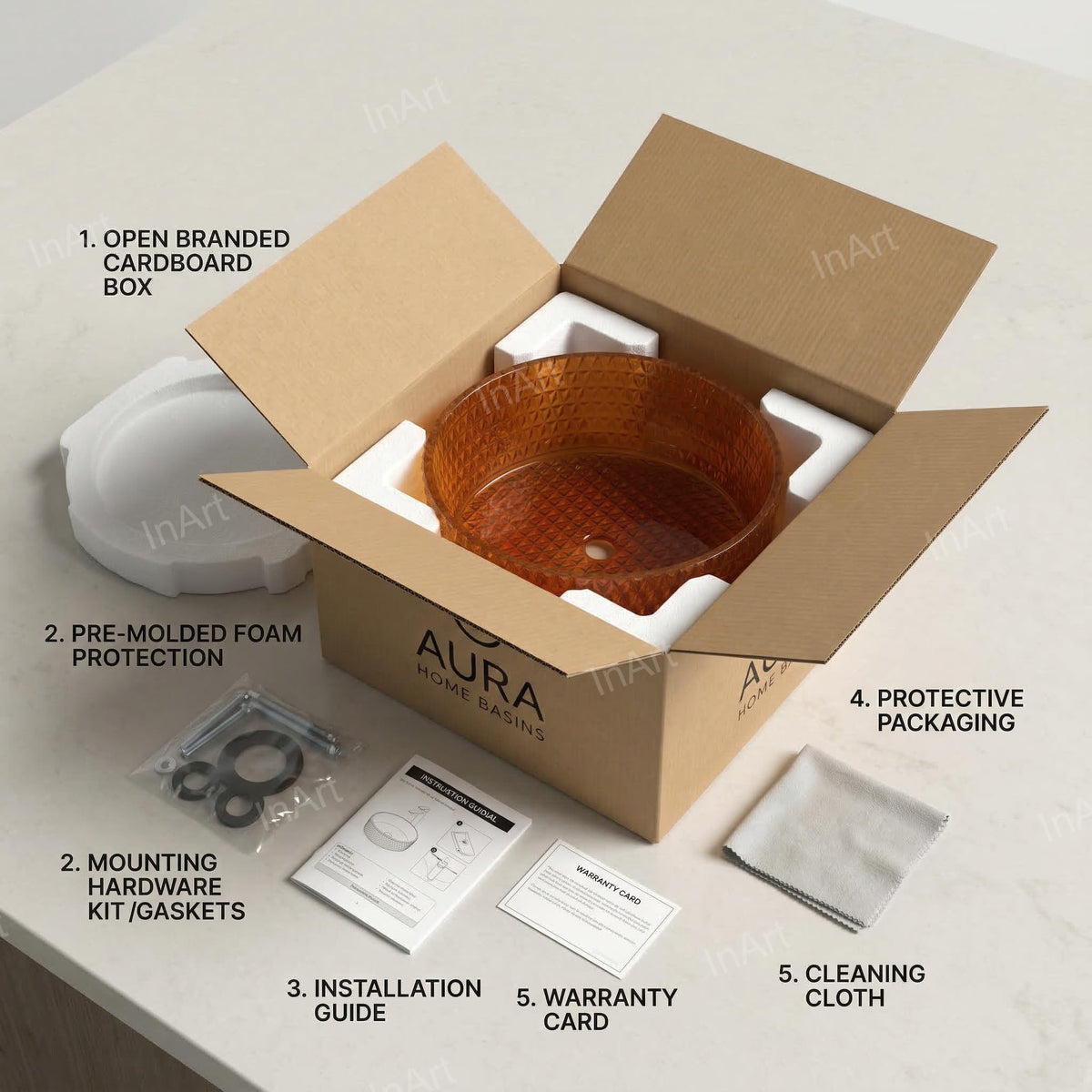 InArt Amber Orange Glass Vessel Sink for Countertop Bathroom Vanities, 15.6 Inch, additional product view 7