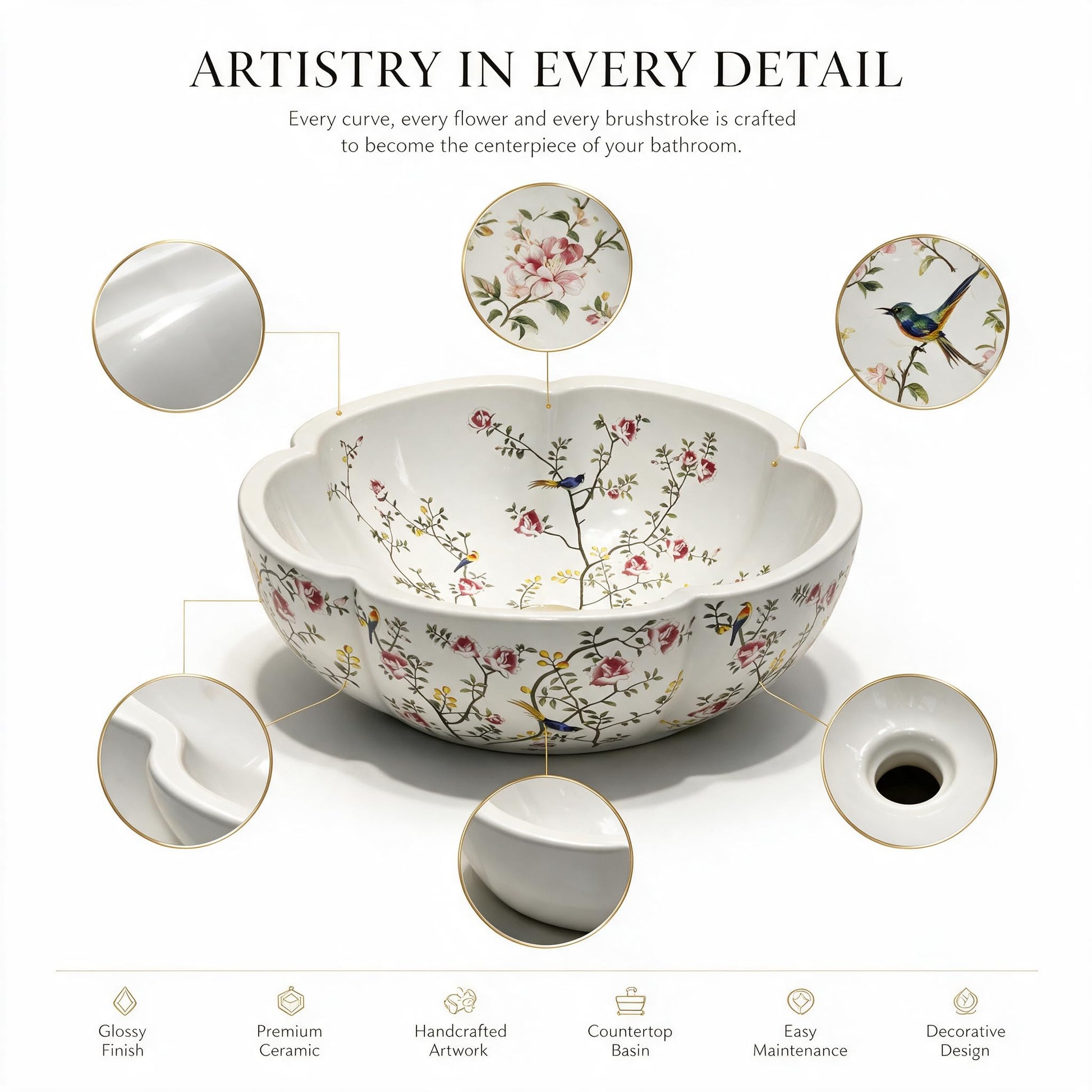 White and Multicolor Flower-Shaped Round Ceramic vessel bathroom sink, additional product view 4