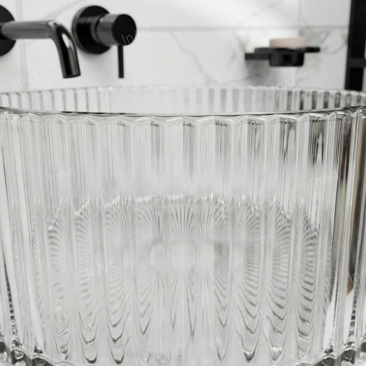 InArt Crystal Clear Round Glass Vessel Sink, Ribbed Design, 15.6 Inch Above-Counter Bathroom Basin, additional product view 5