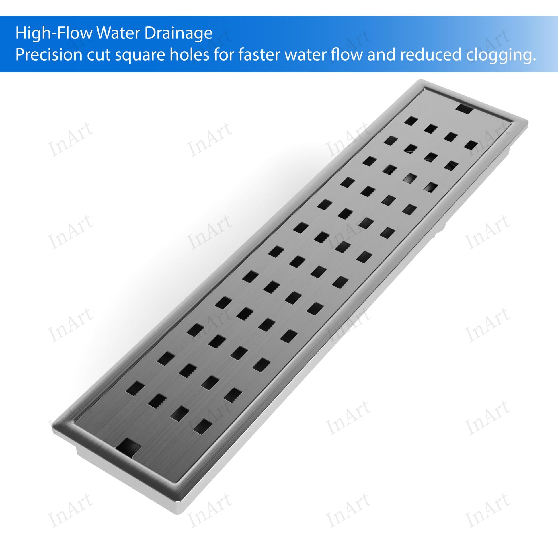 Exploded view of stainless steel linear shower drain showing removable grate, hair strainer, and odor trap insert