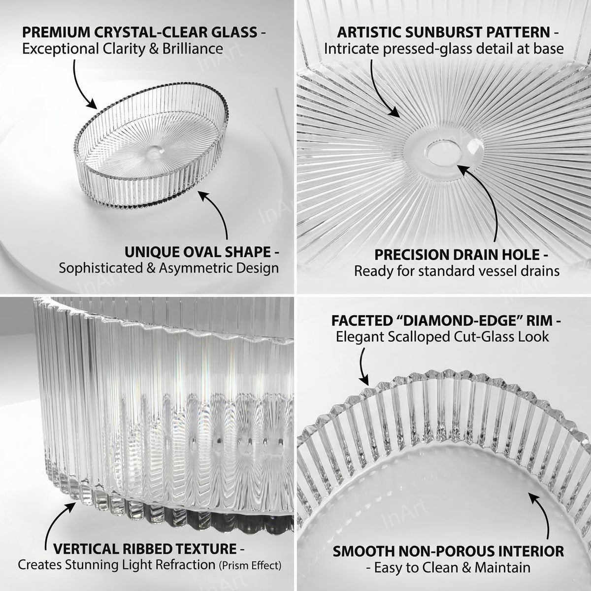 InArt Crystal Clear Oval Glass Vessel Sink, Fluted Ribbed Design, 19.7 x 14.6 Inch Bathroom Basin, additional product view 3