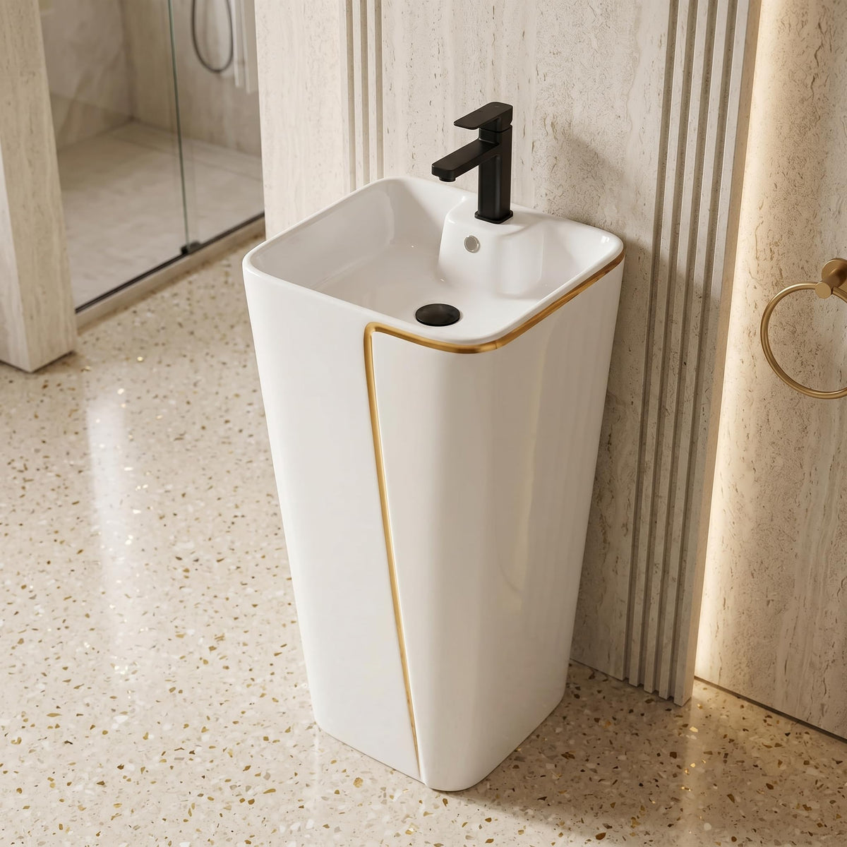 InArt Basin Pedestal Sink - Standing Bathroom Sink White Gold Glossy 43x36 CM