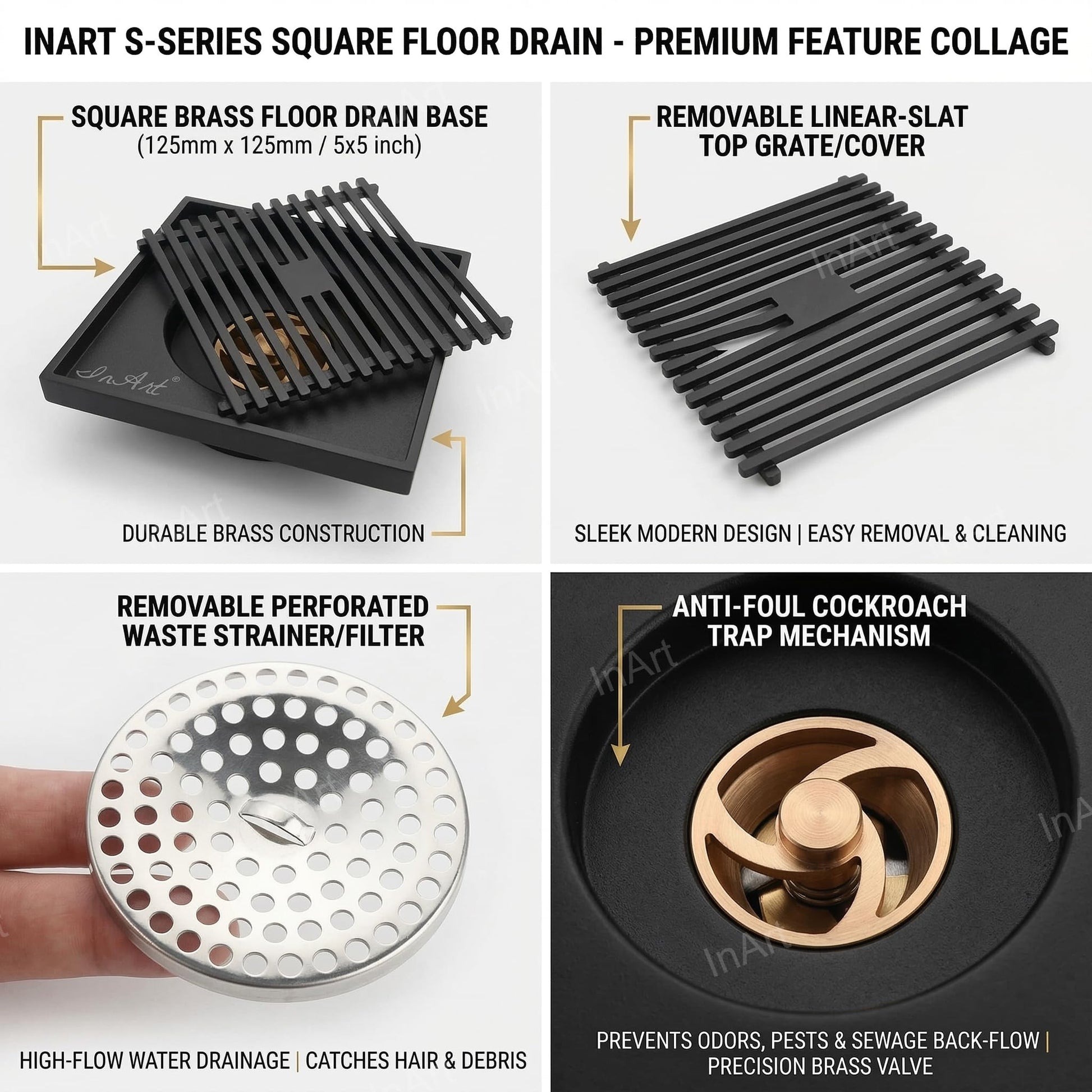 InArt Matte Black Linear Brass Shower Drain Channel with Side Outlet, 12 x 4 Inch, additional product view 3