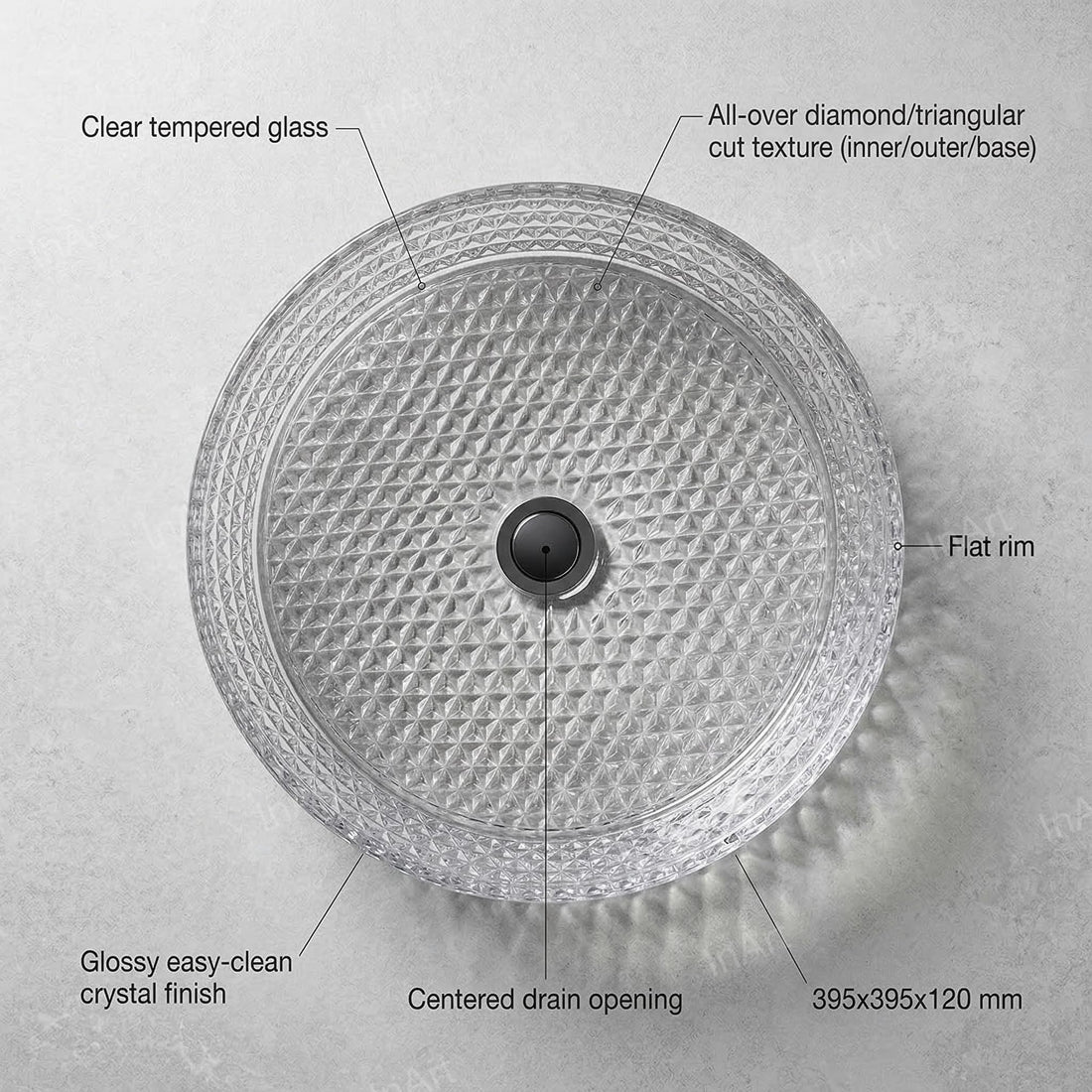 InArt Clear Tempered Glass Round Vessel Sink – Diamond-Cut Texture, 15.6"