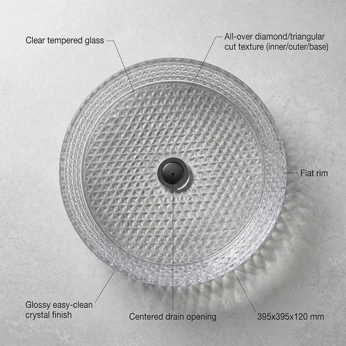 InArt Clear Tempered Glass Round Vessel Sink – Diamond-Cut Texture, 15.6", additional product view 2