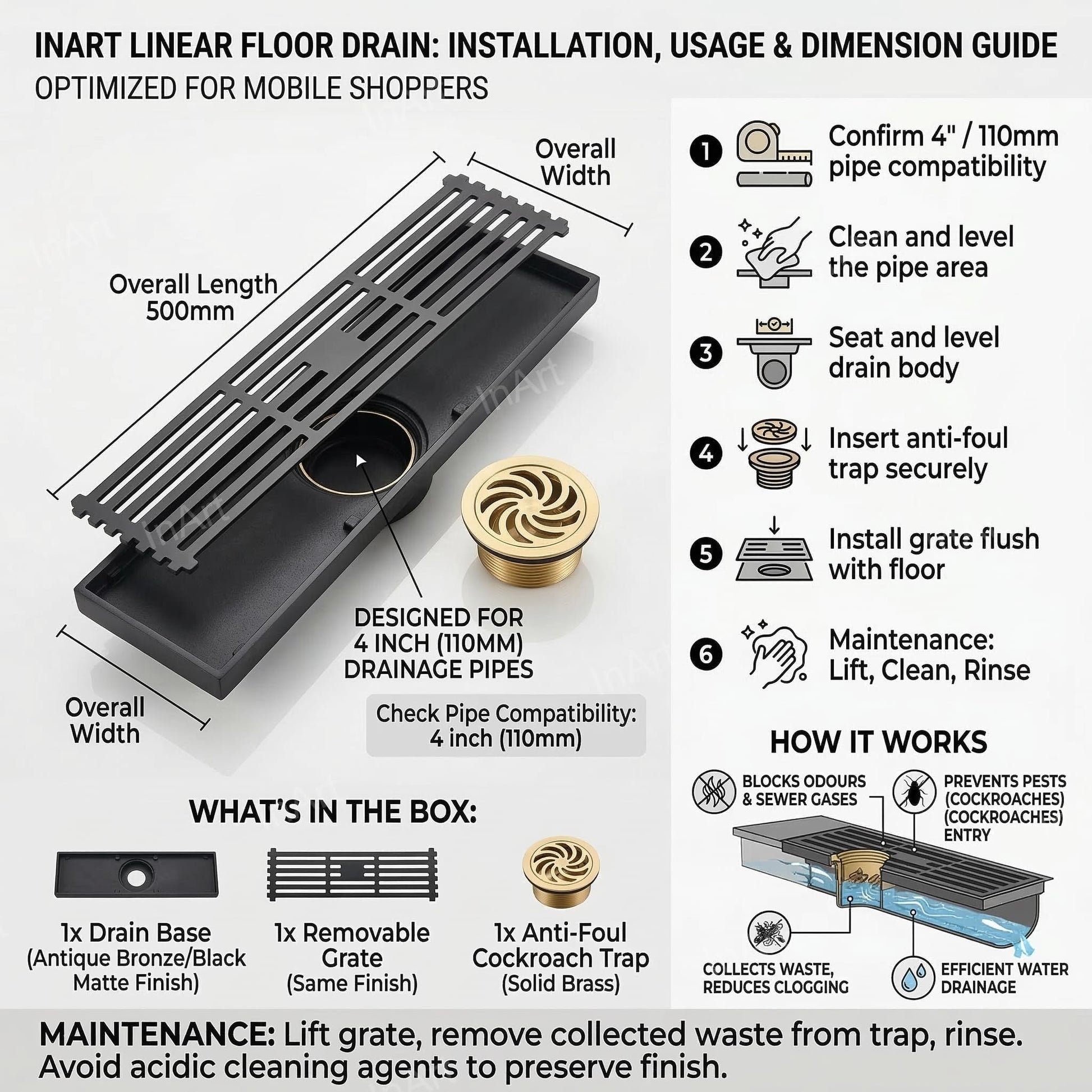 InArt Matte Black Linear Brass Bathroom Floor Drain with Grate, 12 x 4 Inch, additional product view 6