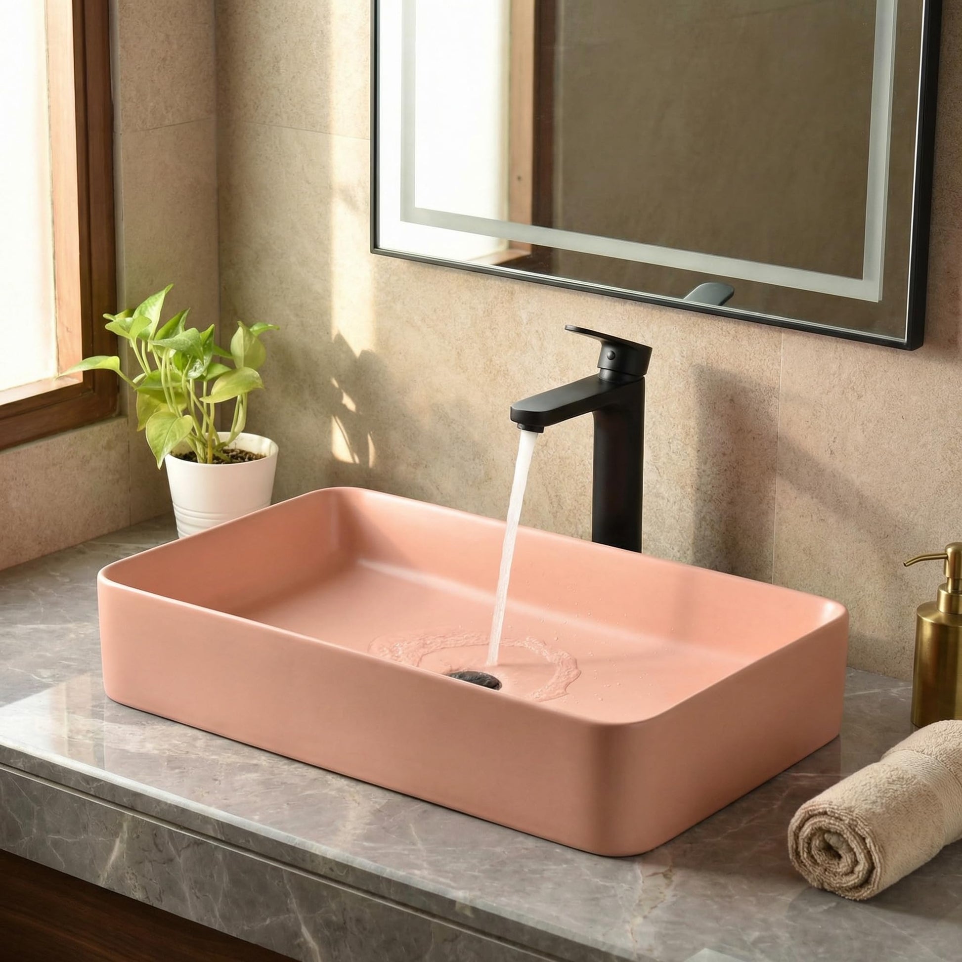 Pink Rectangular Ceramic vessel bathroom sink