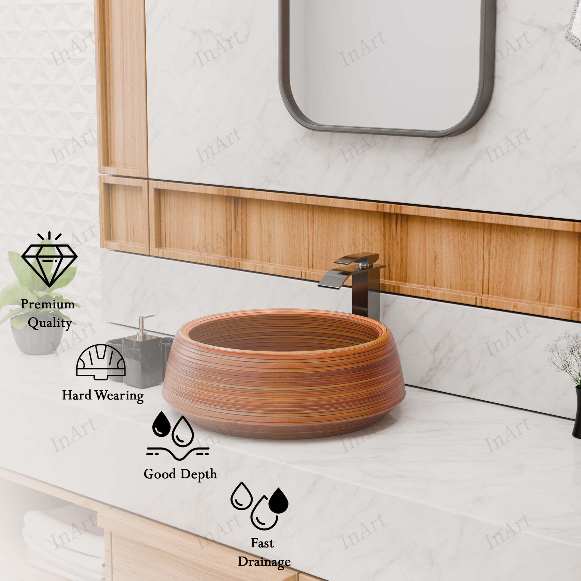 InArt Wood-Grain Glossy Ceramic Round Vessel Sink – Above Counter, 16.5" Bathroom Bowl, additional product view 9