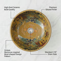 InArt Glossy Multicolor Ceramic Round Vessel Sink – Moroccan Pattern, 16.5