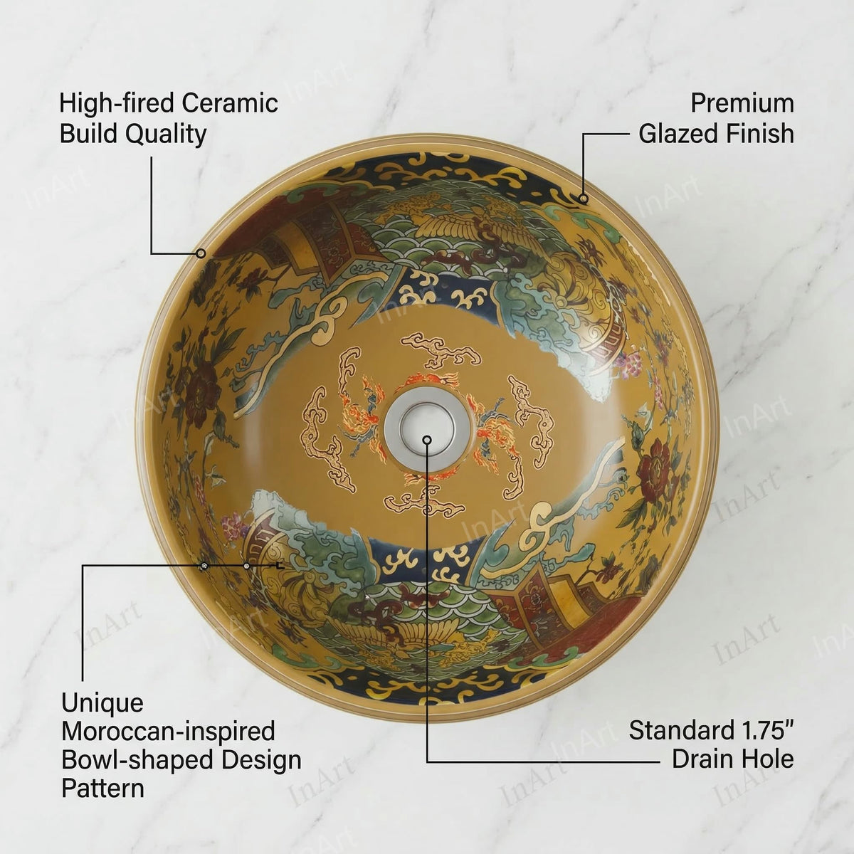 InArt Glossy Multicolor Ceramic Round Vessel Sink – Moroccan Pattern, 16.5", additional product view 2