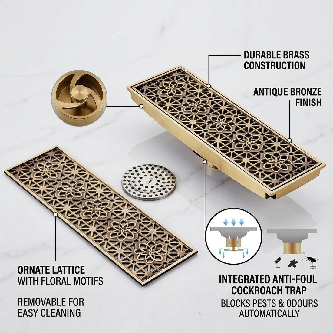 InArt 12 x 4 Inch Square Brass Shower Drain with Removable Strainer Grate