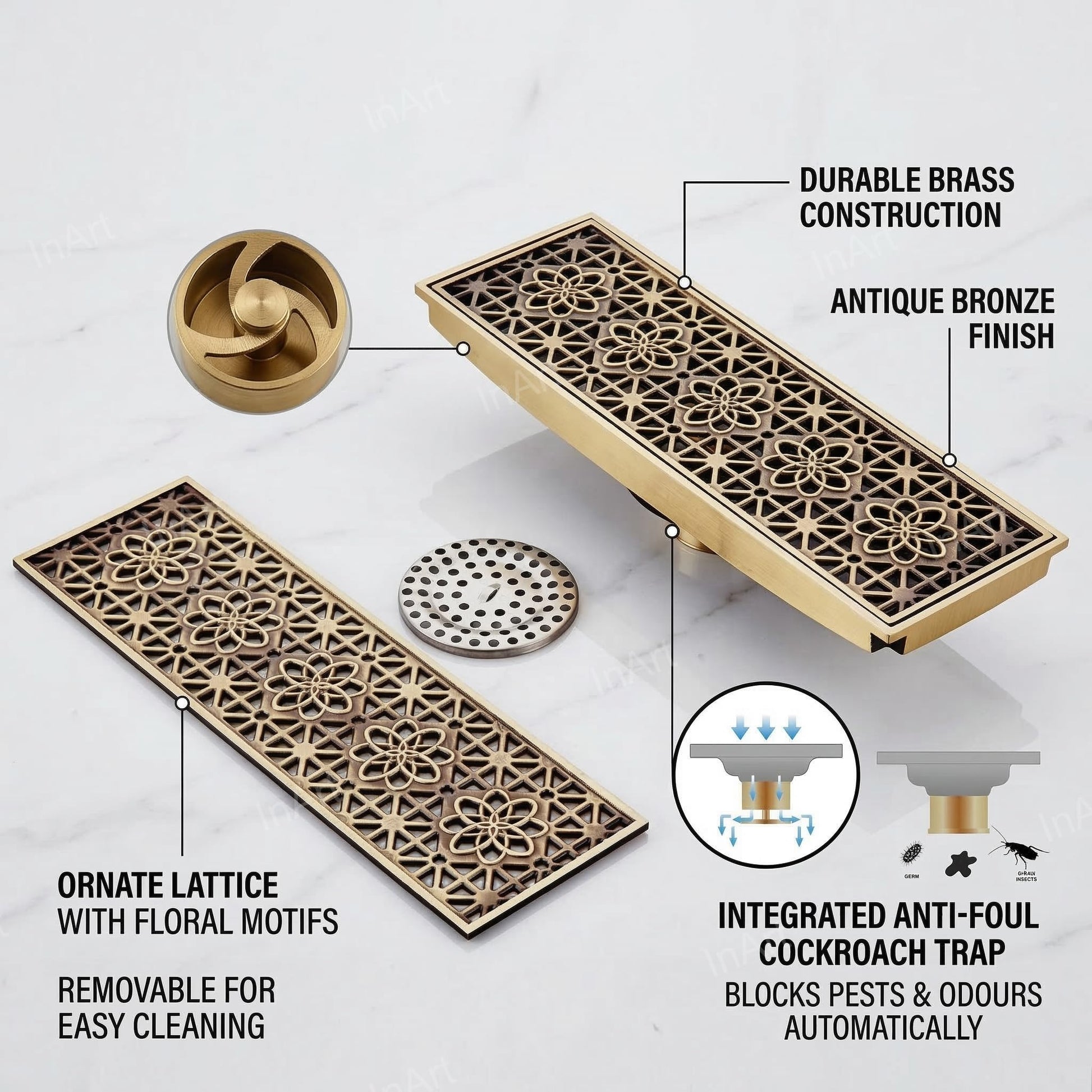 InArt 12 x 4 Inch Square Brass Shower Drain with Removable Strainer Grate, additional product view 2