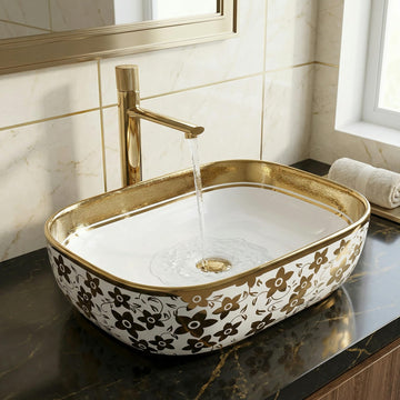 Ceramic vessel sink InArt tabletop oval wash basin in glossy white with gold rim