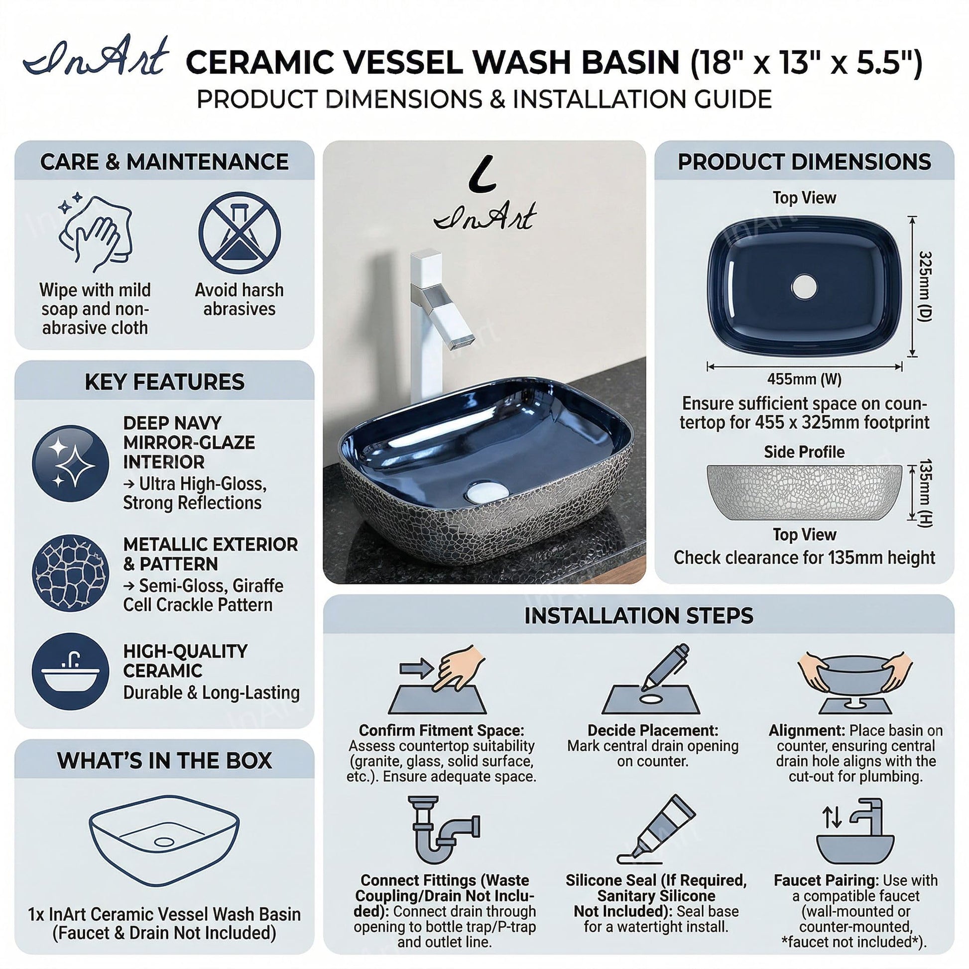 Blue Rectangular Ceramic vessel bathroom sink, additional product view 6