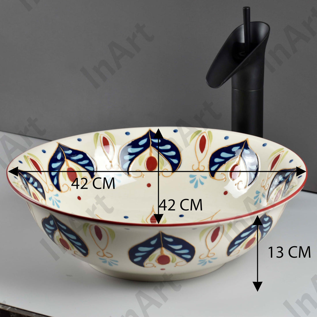 Round bath sink InArt ceramic tabletop vessel sink, beige blue artistic pattern, 42cm round wash basin
