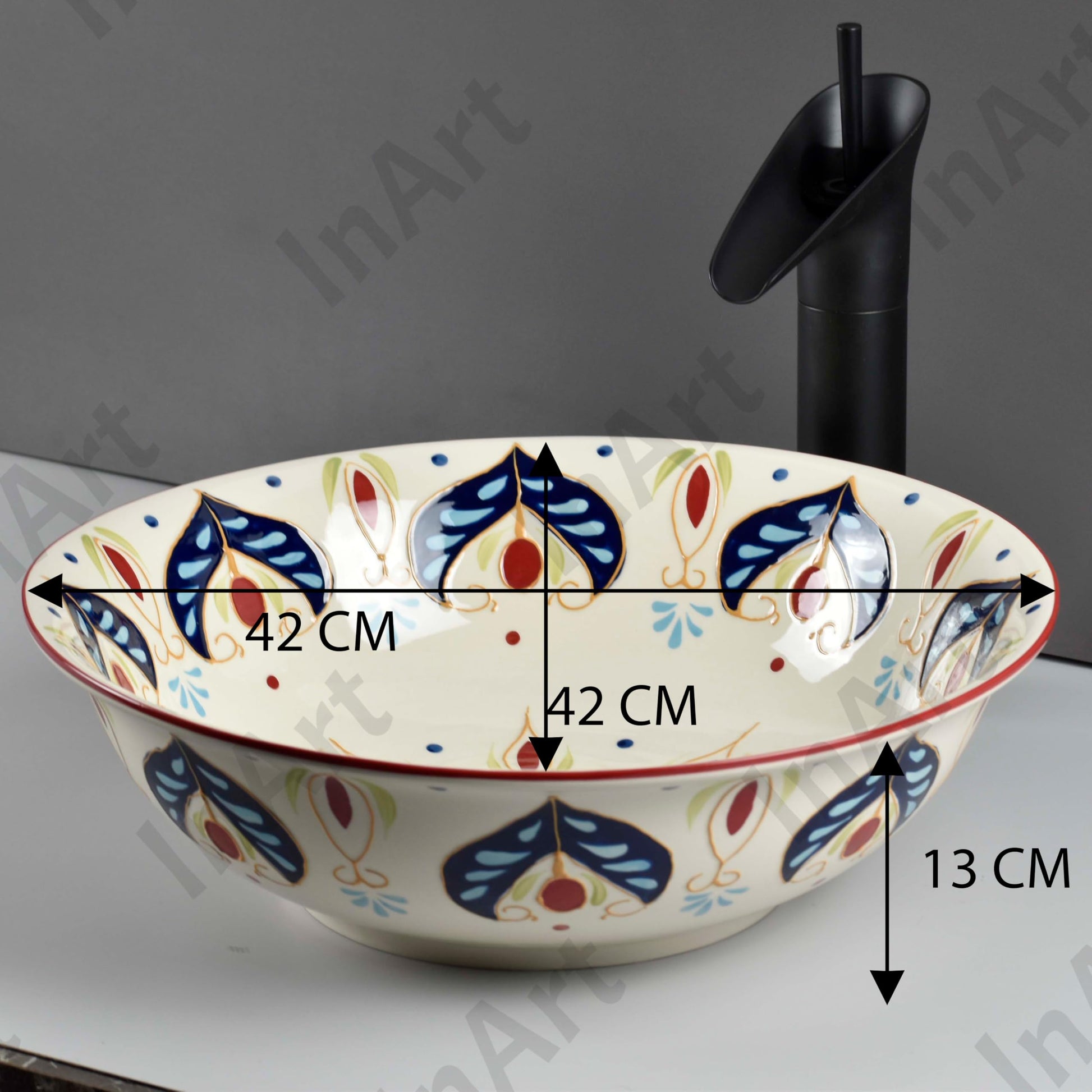 InArt ceramic vessel sink round bowl, beige blue art finish, angled view above-counter bathroom basin