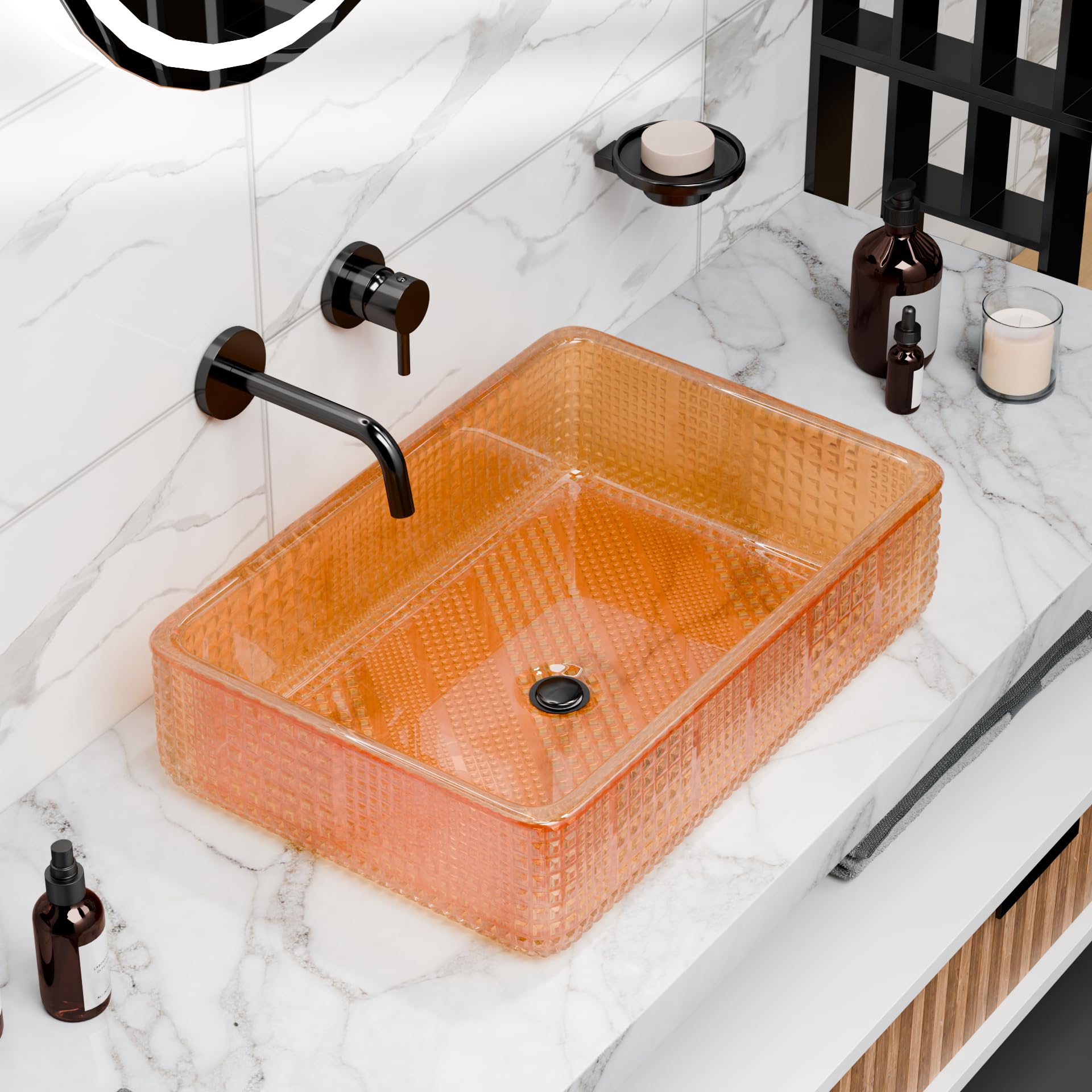 InArt Luxury Crystal Glass Wash Basin glass vessel sink, clear rectangular over counter tabletop basin 46x33cm