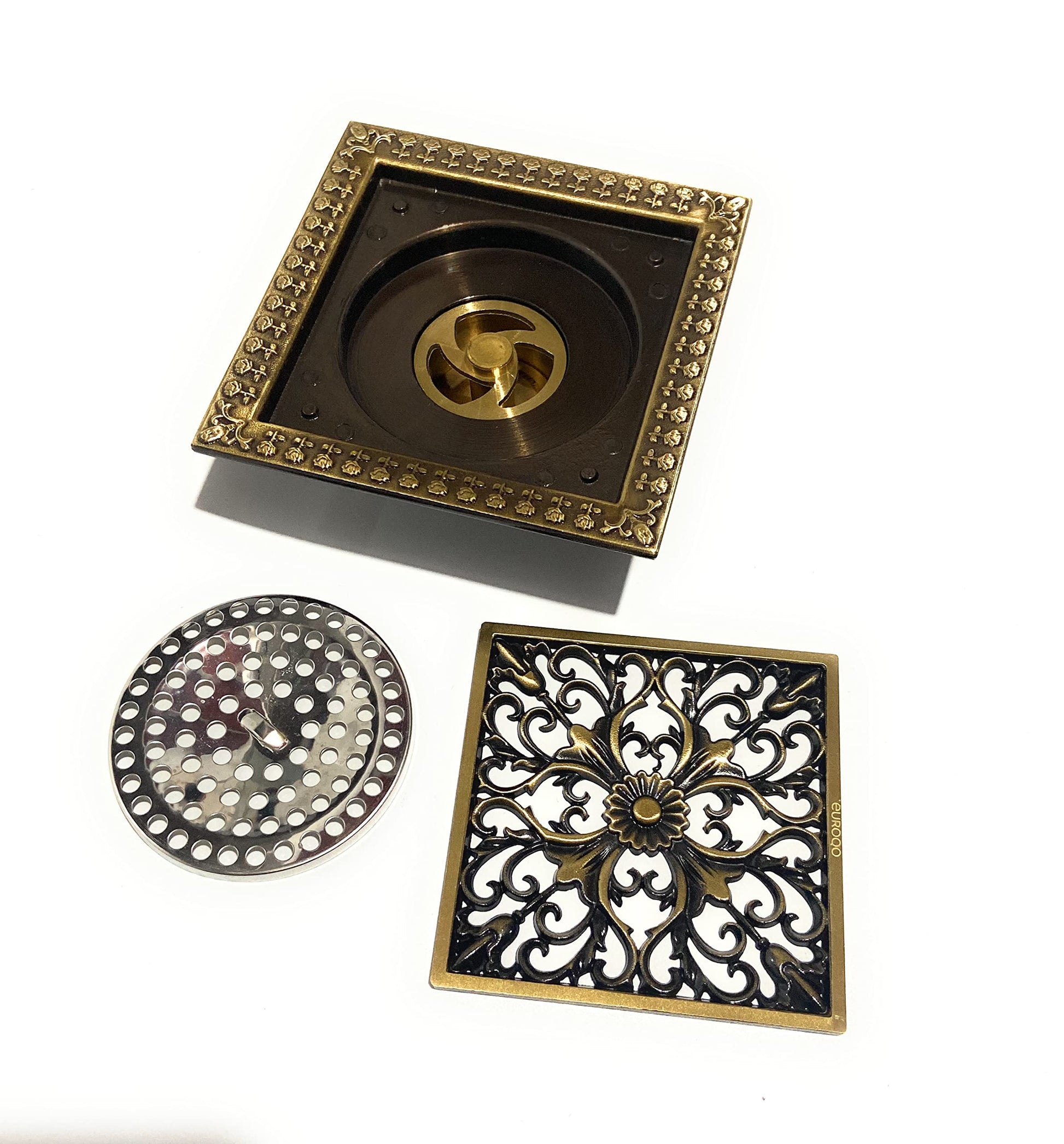 Angled view of antique brass square drain cover shower, solid brass bathroom floor drain cover