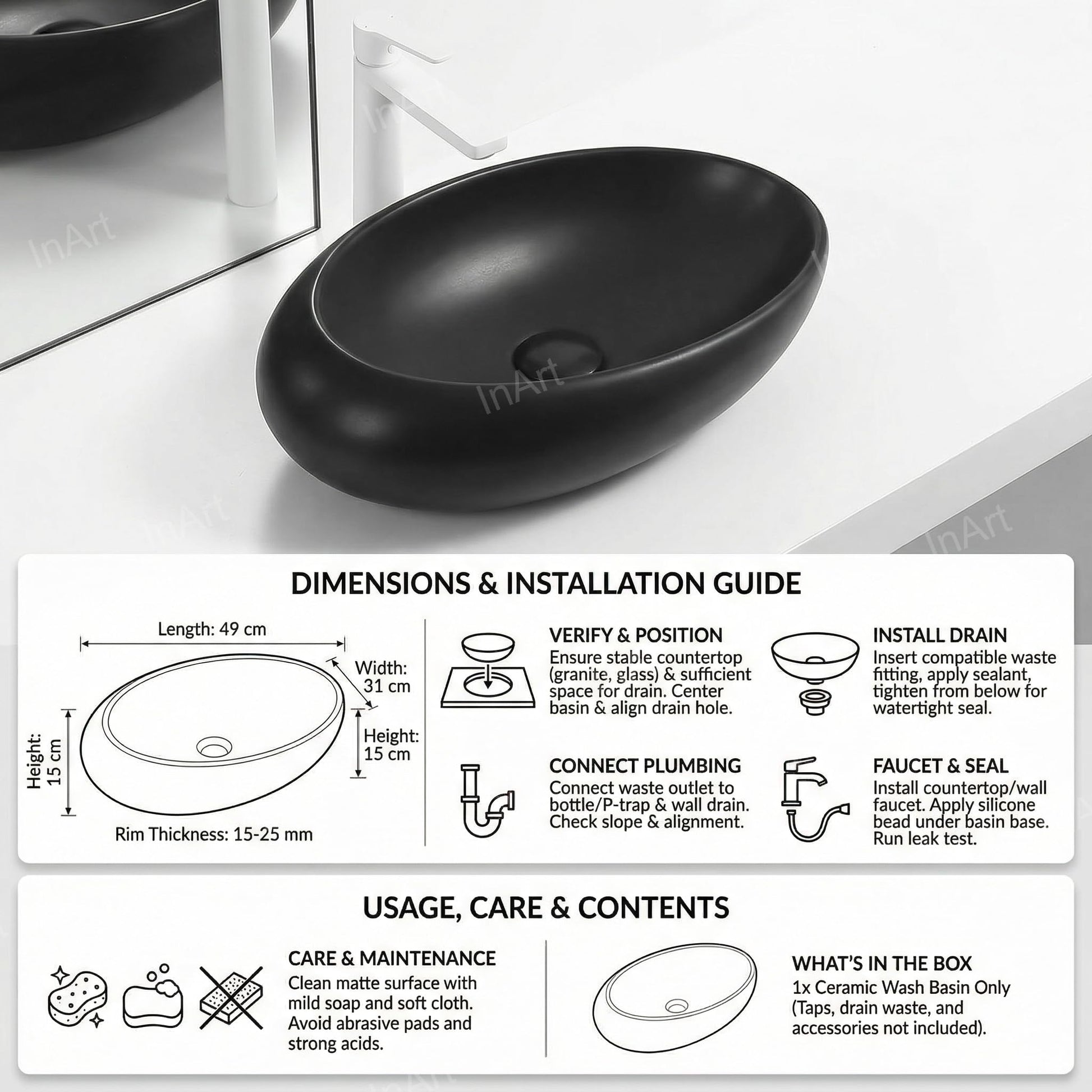 Modern restroom sinks detail, matte black ceramic rectangular vessel basin with flat bottom for stability