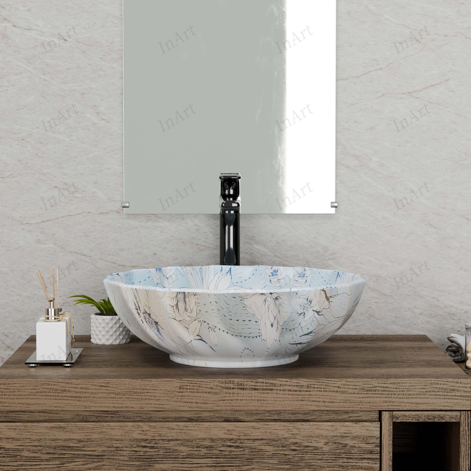 Bathroom vessel sink side angle view, round ceramic light blue glossy bowl sink for vanity