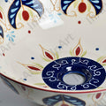 Modern vessel sink on vanity, ceramic round bathroom sink bowl in beige blue art pattern for above-counter install