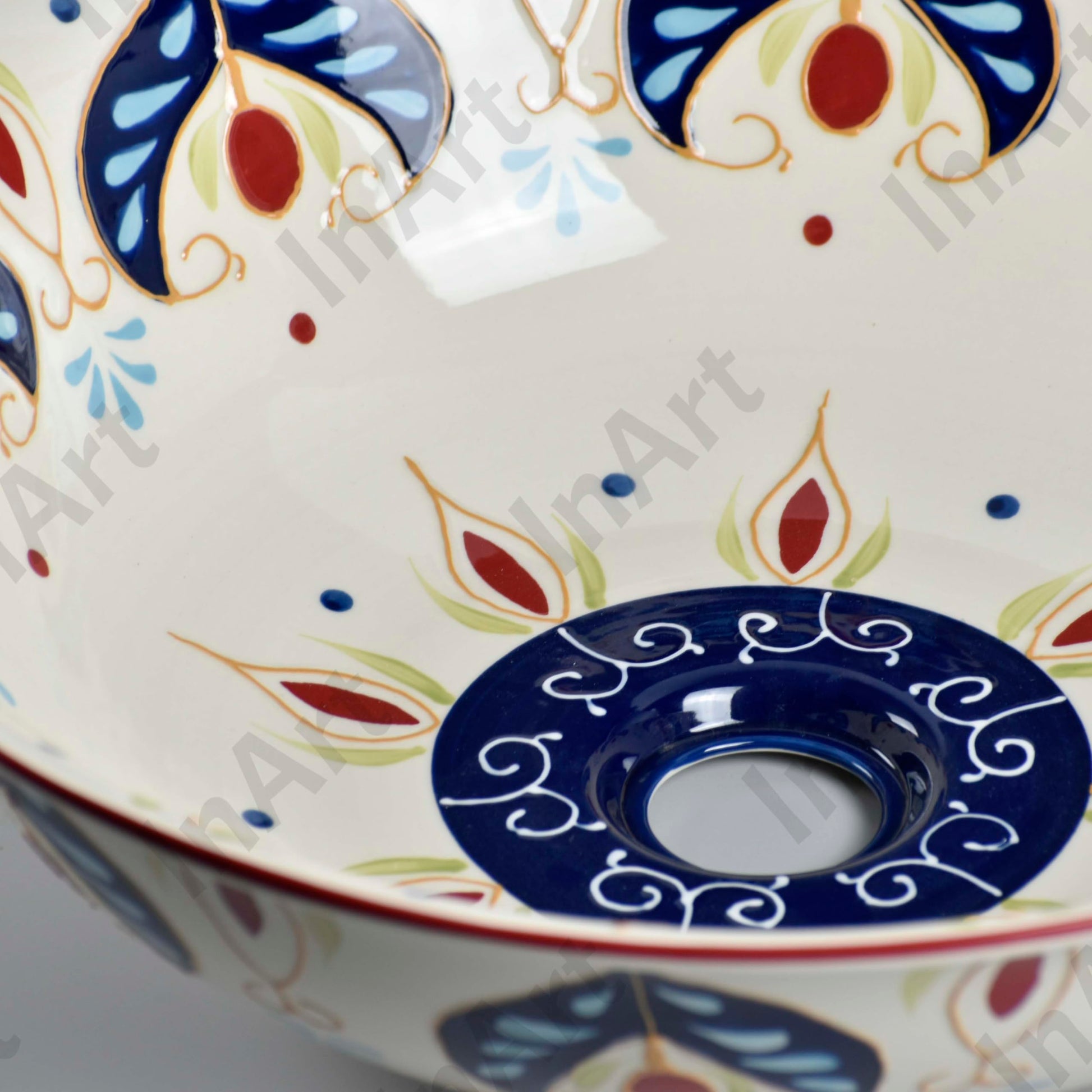 Modern vessel sink on vanity, ceramic round bathroom sink bowl in beige blue art pattern for above-counter install