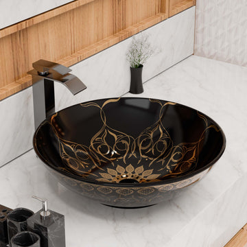 Vessel sinks for bathroom - InArt round ceramic vessel sink, black and gold above counter wash basin 16x16x5