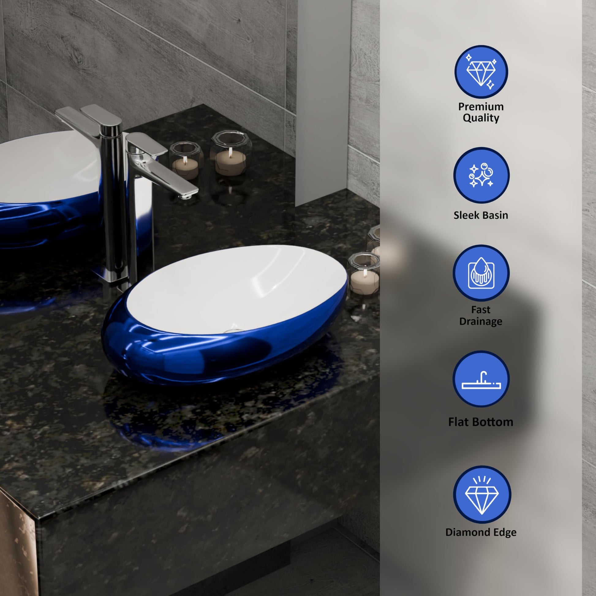 Close-up of glossy blue ceramic oval bowl sinks for the bathroom, smooth rim and deep basin