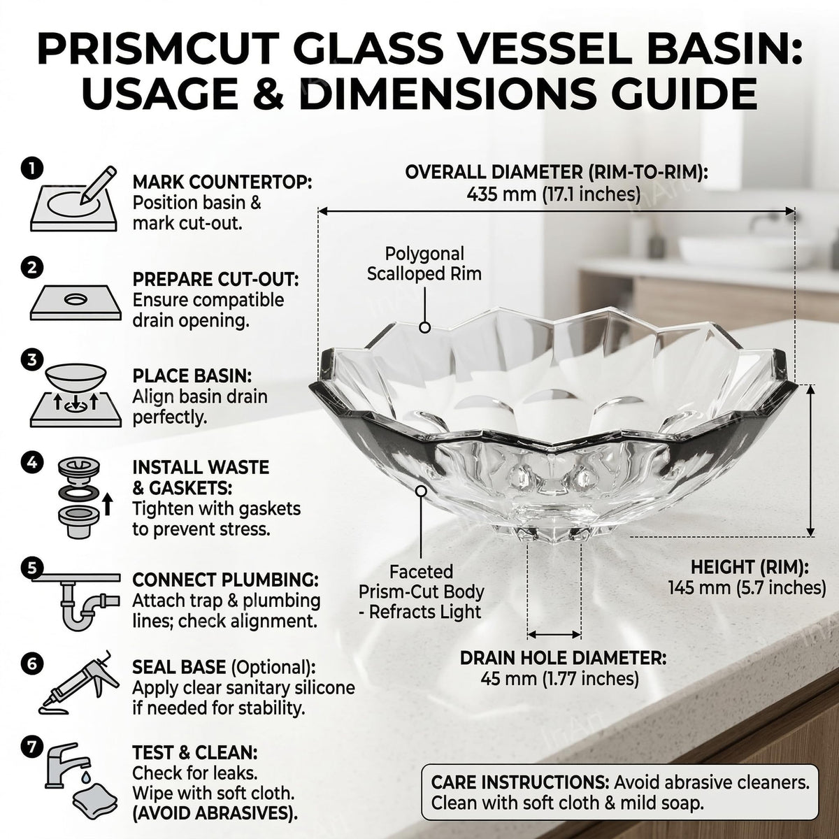 InArt Transparent Prism Crystal Glass Vessel Sink for Countertop Bathrooms, 18.1 Inch, additional product view 6