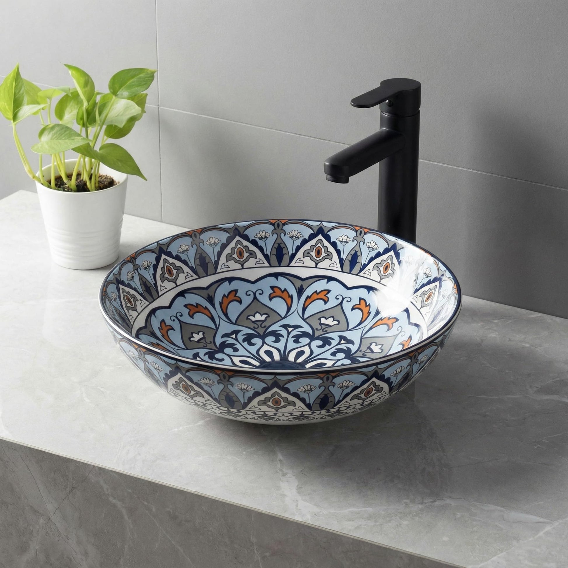 Ceramic vessel sink InArt blue Mexican pattern round tabletop wash basin 40.5 cm